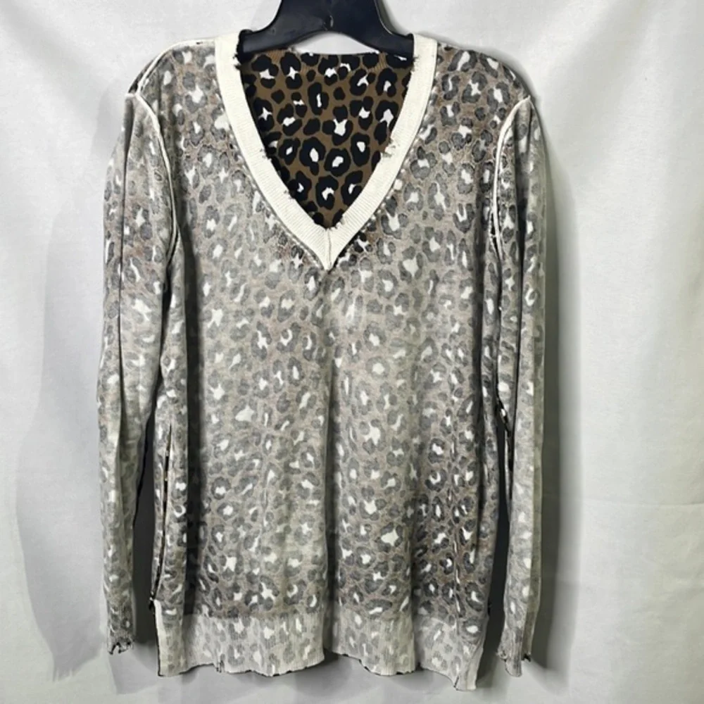 Michael Kors animal print, brown black white sweater, distressed reversible